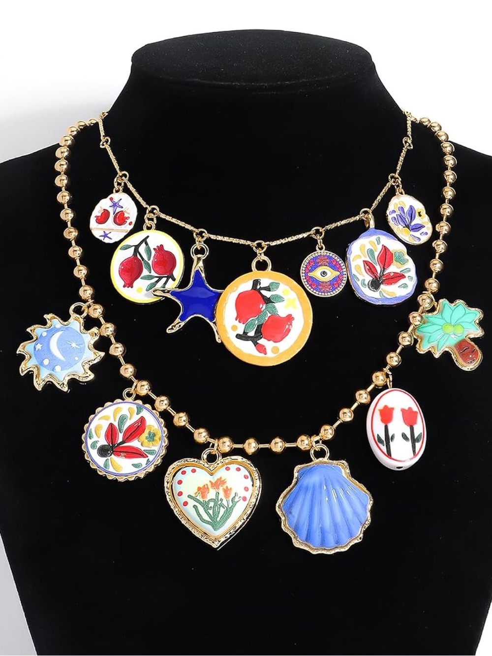 Gold-Tone Multi-Charm Enamel Necklace with Blue & Red Accents